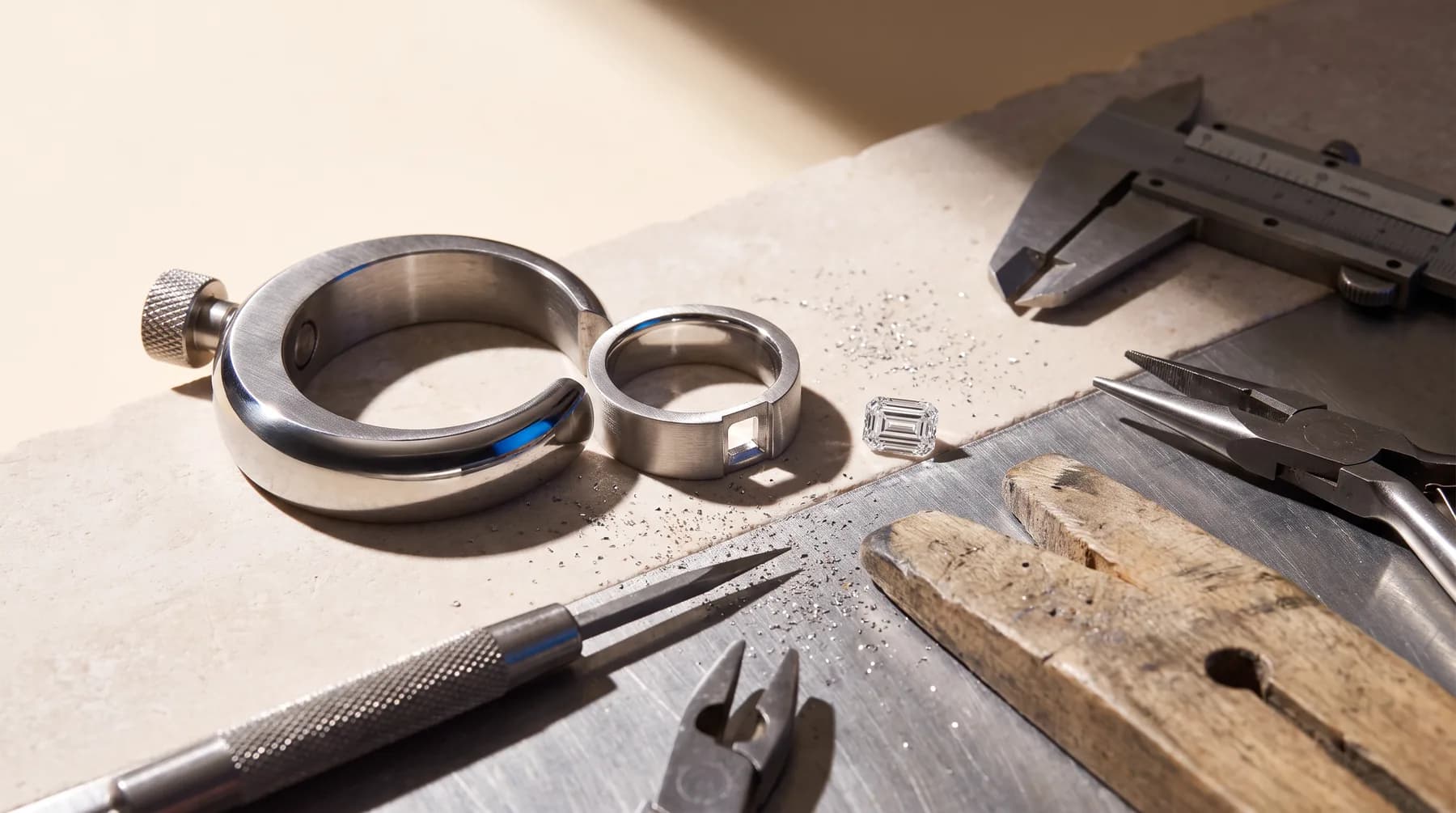 A jeweller's bench with precision tools, a ring clamp and a partly finished platinum setting beside a loose emerald-cut diamond.