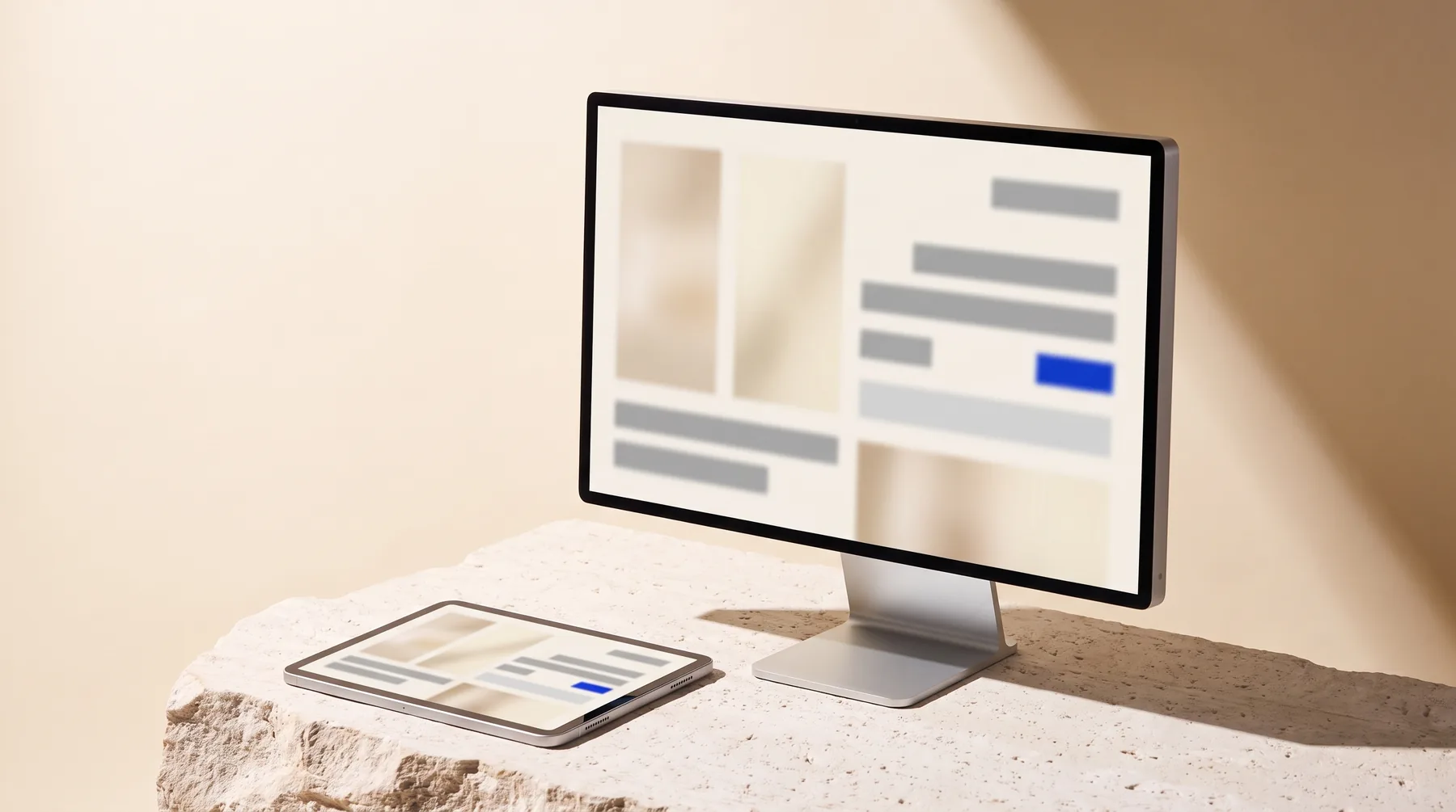 A desktop monitor and a tablet on a pale limestone surface, showing abstract layout blocks rather than any readable interface.