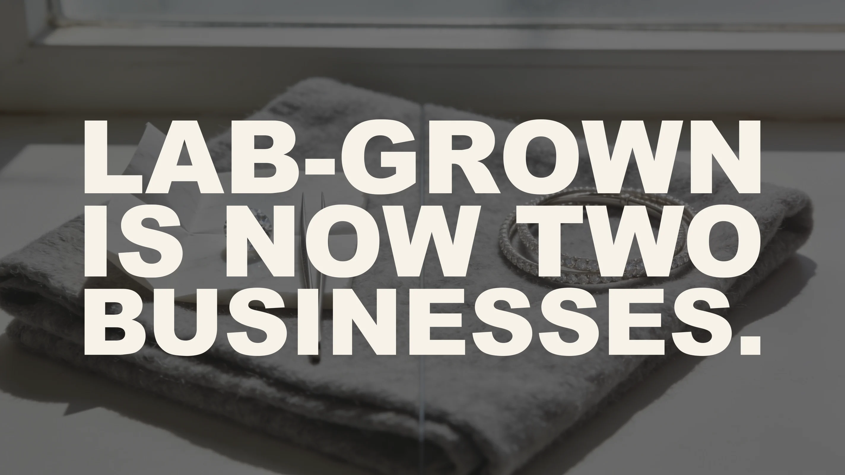 The words “Lab-grown is now two businesses.” set in large type over a still-life photograph on a folded grey wool cloth in window light — on one side a single loose round brilliant-cut diamond sits on an open white stone paper with a pair of jeweller’s tweezers beside it, and on the other, separated by a clear gap, a finished diamond line bracelet lies coiled.
